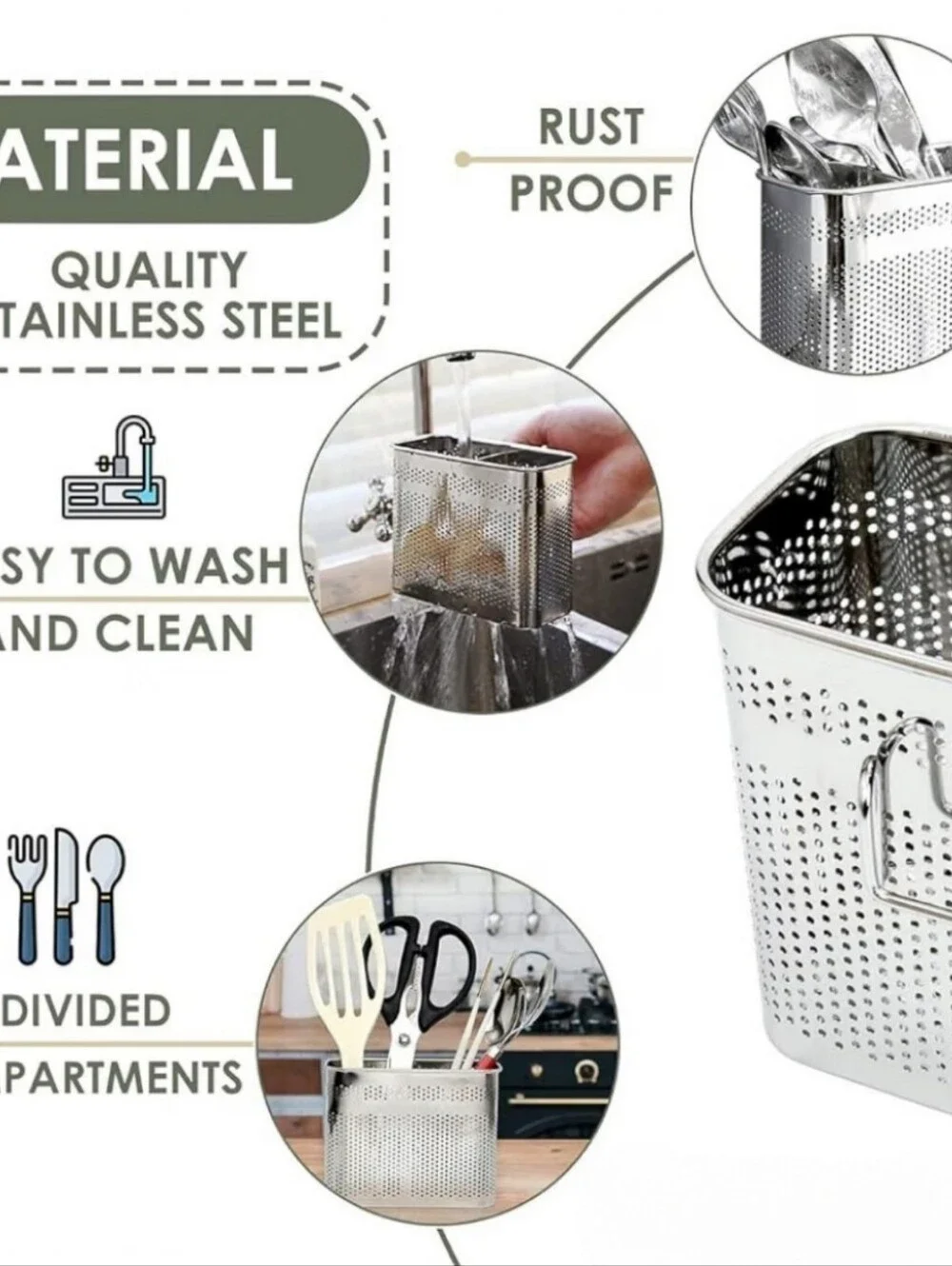 HoneyBee Hooked Silver 2-Compartment Stainless Steel Utensil Drying Basket 5.4